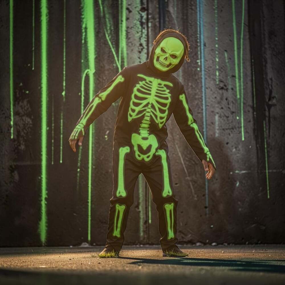3D Neon Green Skeleton Halloween Costume Jumpsuit, Mask & Gloves glow in dark Yo
